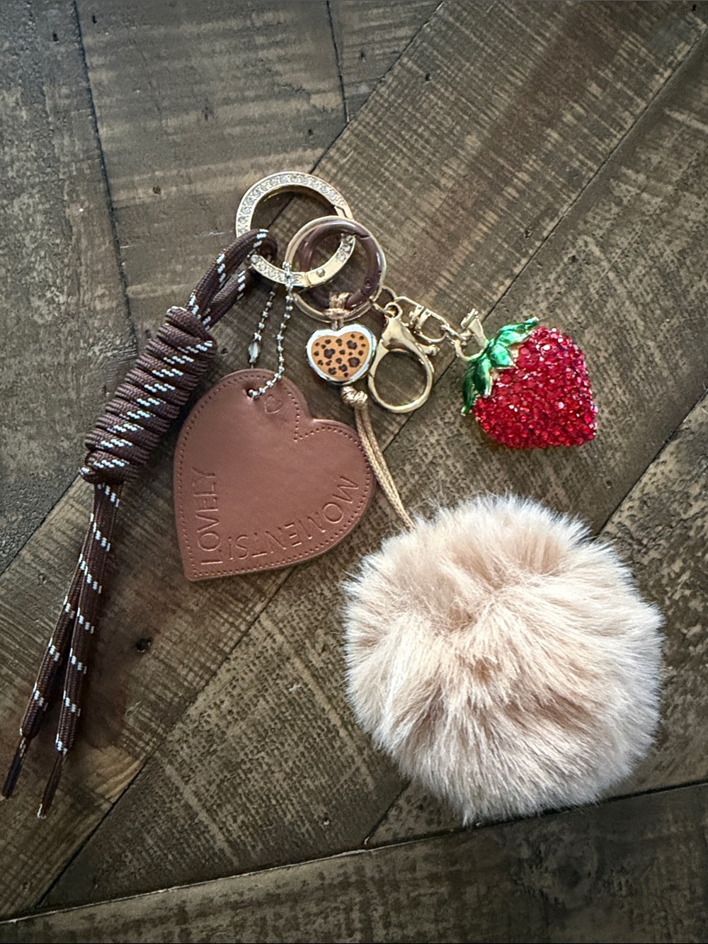 Brown Heart Keychain with Red Crystal Strawberry Charm and Faux Fur Pom Pom
